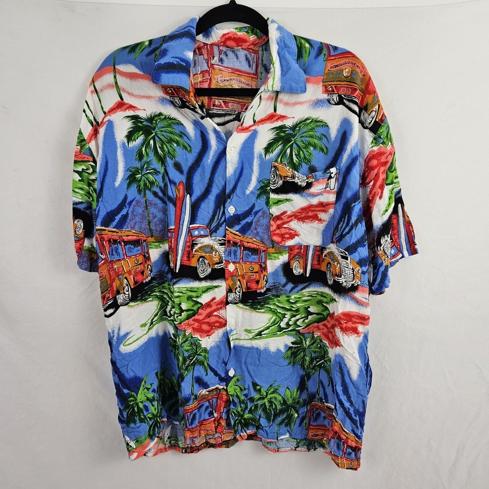 Mens Hawaiian Shirt Large Woody Van Button-up Surfer Caribbean Surf Vintage